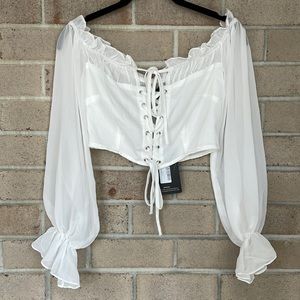 PLT White Lace-up Flute Sleeve Crop Top